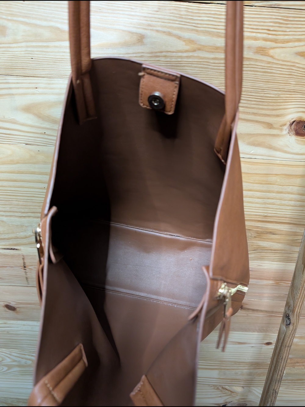 Tan Leatherette Tote Bag with Pouch - Women Bags - Picture 8 of 12